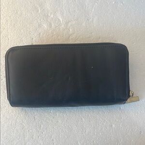 Black faux Leather Wallet Gold Zipper around multiple compartments zip pocket